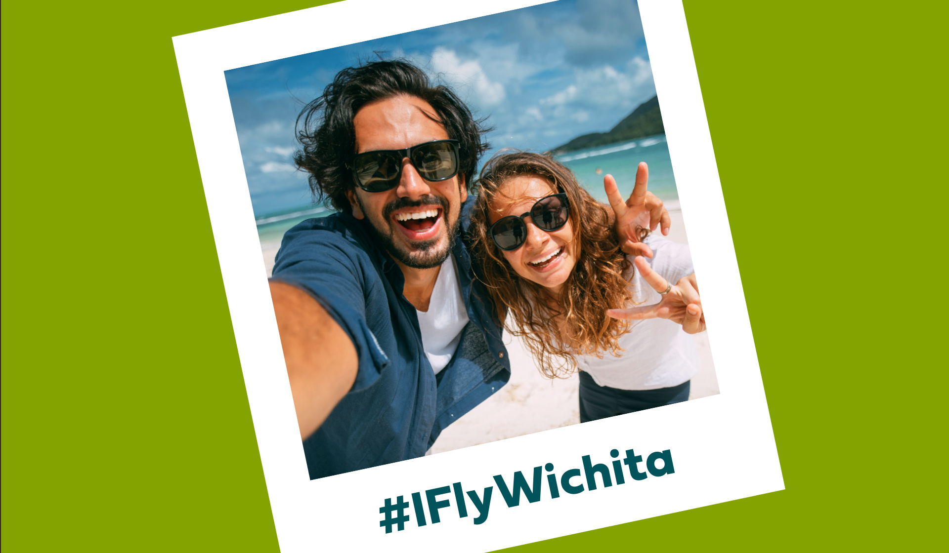 polaroid showing 2 people on a beach and iflywichita hashtag